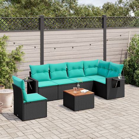 7-teiliges Gartensofa-Set mit Kissen, schwarzes Polyrattan (1/5)
