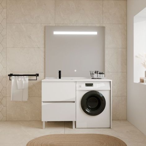 Meuble lave-linge IDEA, plan vasque déportée + Miroir Elégance h105- Blanc- Vasque à gauche