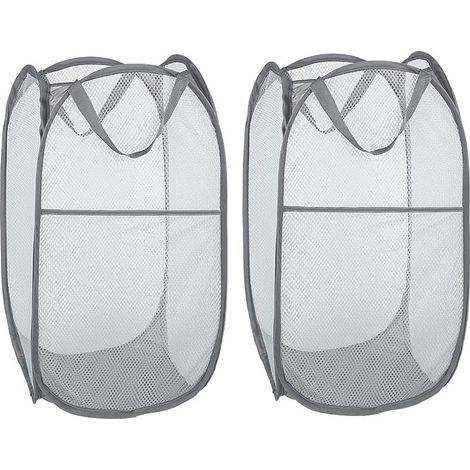 Panier à Linge [Lot de 2] Corbeilles à Linge Pliable Pop Up en Maille Filet Sac à Linge Panier à Linge Pliable avec Manipuler, Gris (1/5)