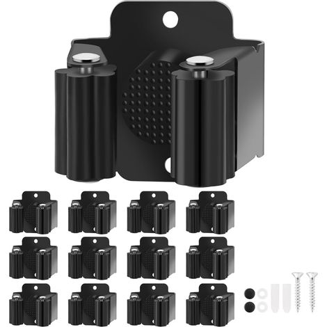 Lot de 12 supports muraux pour balais, en acier inoxydable robuste, vis incluses, pour jardins et espaces extérieurs, noir. (1/5)