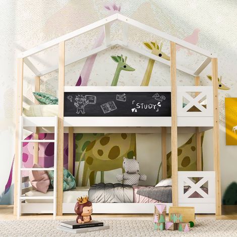 Letto a castello a casetta con scala 90 x 200 cm per bambini - Naturale e bianco (1/5)