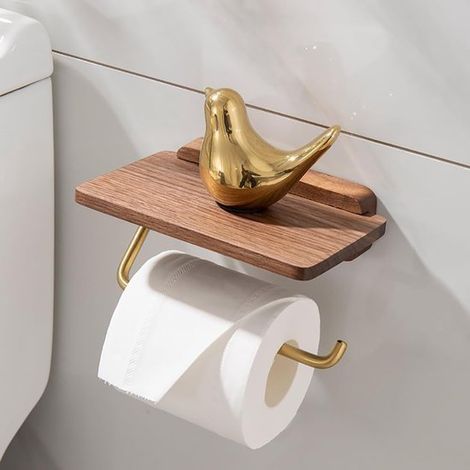 Porte-papier toilette avec étagère - Porte-rouleau de papier toilette - Porte-rouleau WC - Étagère - Étagère murale - Accessoires de salle de bain - Convient pour la salle de bain - Bois - Marron (1/5)