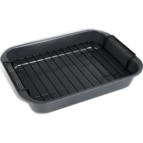 Plat à rôtir antiadhésif avec grille, idéal pour rôtir un poulet - 38 x 28 cm, gris