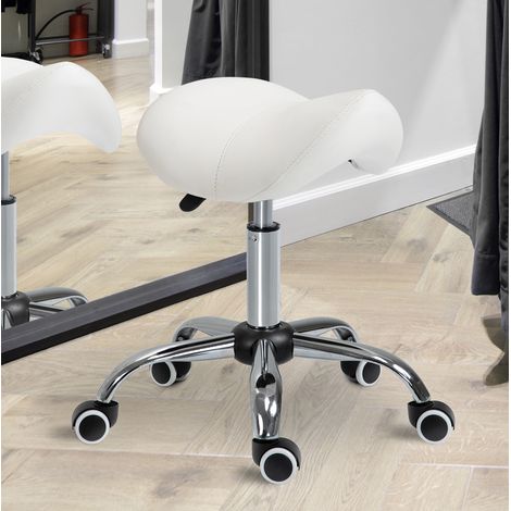 Sgabello a sella con ruote e rivestimento in similpelle, altezza regolabile, bianco OKWISH (1/5)