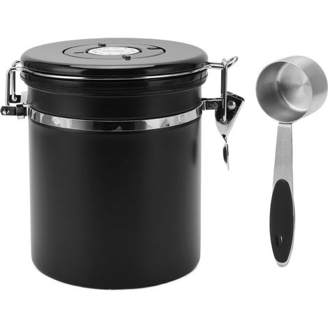 Boîte de Stockage Café hermétique Acier Inoxydable 304 - Doseur 30ml inclus - Piste de Date - Capacité 1,5L - Noir (1/5)