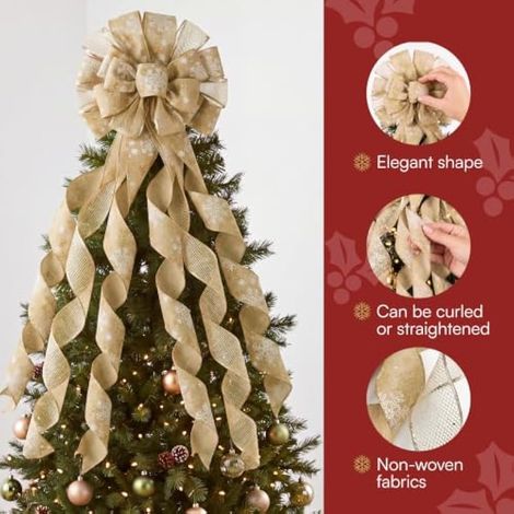Couronne de sapin de Noël de 114,3 cm, ruban en toile de jute doré champagne avec flocons de neige et paillettes, grande décoration de Noël d'intérieur pour la maison, l'arbre, la fête de (1/4)