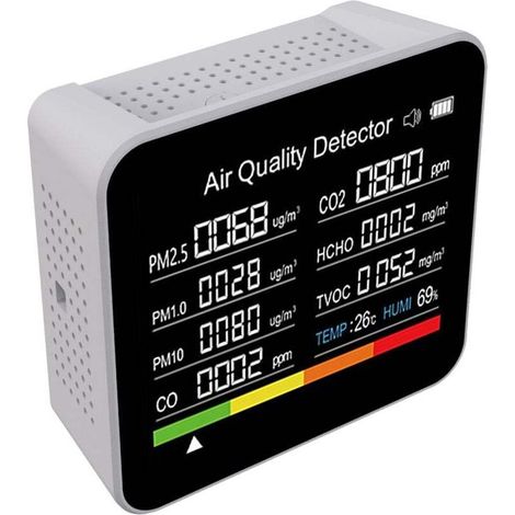 Détecteur de CO2, Testeur de qualité de L'air 9 en 1, Détecteur de Dioxyde de Carbone Portable à Piles HCHO TVOC Temp Humi, Moniteur de qualité de L'air
