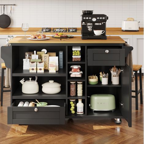 Carro de cocina (129x46x96 cm), con cajones, estantes abiertos, patas y ruedas, MDF negro y madera clara (1/5)