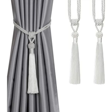 [JAMAIS UTILISÉ] Lot de 2 embrasses de rideaux à longs pompons, faites à la main, en corde tressée, style européen, décoratives, pour la maison et le bureau (blanc) (1/4)