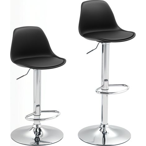 Ensemble de 2 tabourets de bar rembourrés, cadre acier, dossier, hauteur réglable, pivotants 360°, repose-pieds, simili cuir noir