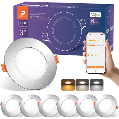Spot LED Encastrable Connectée Bluetooth Alexa, 220V Spot Encastré Intensité Variable 2700K-6000K Réglable Blanc Chaud, Neutre & Froid Dimmable 7W, IP44 Spot Salle de Bain Plat, Lot de 6 (1/5)