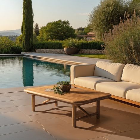 COLINE - Table basse de jardin 130x70cm en bois de teck recyclé (1/5)