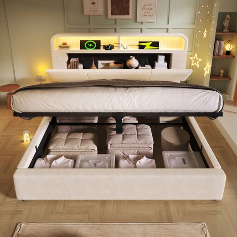 Lit Coffre Hydraulique 160x200 cm avec LED et USB/USB-C, doté d’une Tête de Lit Réglable avec Rangement et d’un Sommier à Lattes, sans Matelas, en Velours - Beige (1/5)