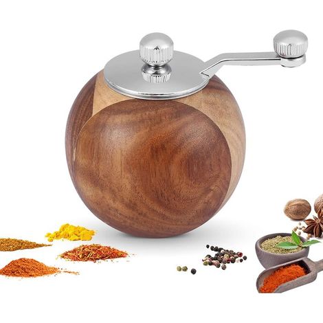 Manuelle Pfeffermühle, Salzmühle aus Holz, runde Gewürzmühle, braune Gewürzmühle mit Edelstahlrotor für die Küche - INHHUB (1/5)