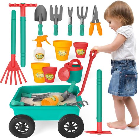 Ensemble de Jardinage avec Brouette Enfants 15pcs 3+ Ans(Vert)  Pelles, râteaux, arrosoir, pots, outils à main, 4 roues, Outils de jardin et sable, Jouet Éducatif Motricité, Usage Extérieur (1/5)
