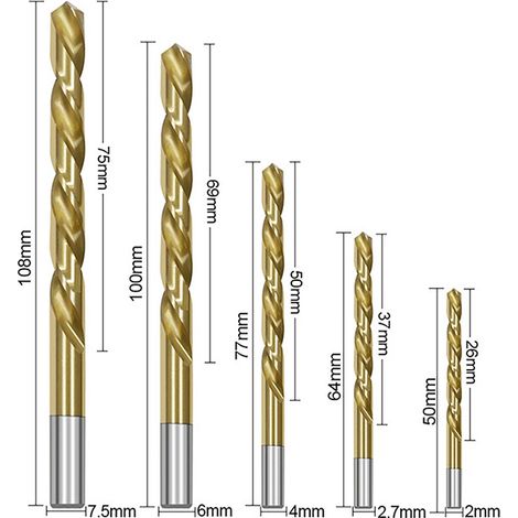 Juego de 5 brocas helicoidales para zurdos con revestimiento de titanio, extractor para tornillos rotos, compatible con roscas inglesas para metales duros. (1/5)