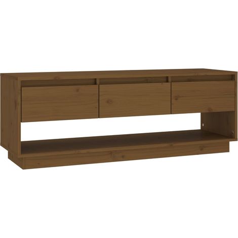 Mueble TV multimedia estantería para televisión buffet para televisión comedor salón dormitorio miel 110,5 x 34 x 40 cm madera maciza de pino marrón 020027701