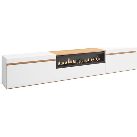 Skraut Home – Meuble TV avec cheminée électrique – Grand espace de rangement 102x45x35cm – Blanc mat et chêne clair – Effet de feu 3D (1/5)