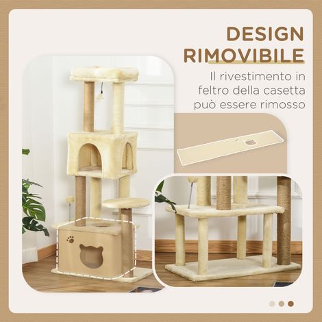 Arbre à chat 136 cm avec griffoir, niche amovible, cabane et hamac, poteaux en jute, beige