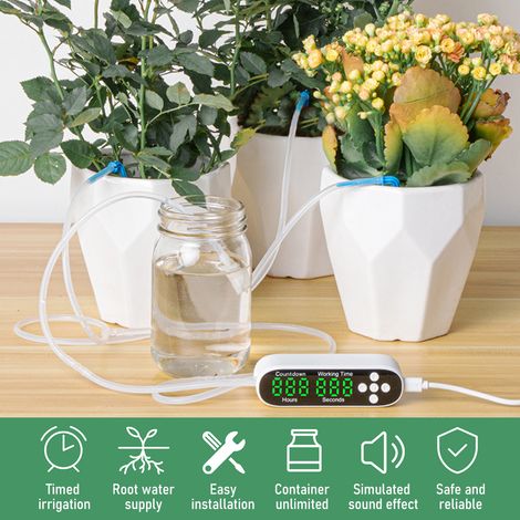 Système d'arrosage automatique pour plantes en pot Kit d'irrigation goutte à goutte avec compte à rebours et affichage LED Alimentation USB 5 V programmable pour l'intérieur (1/5)