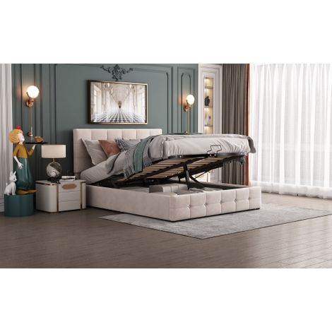 Polsterbett, Doppelbett mit Hydraulisch anhebbarer Bettstauraum ,höhenverstellbares Polsterkopfteil, Metalllattenrost, Hautfreundlicher Samtstoff Doppelbett Erwachsenen Jugendbett (1/5)