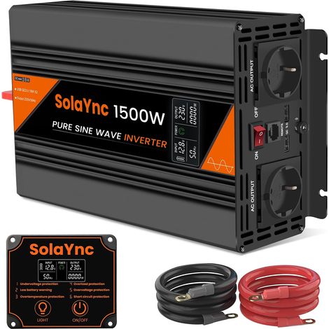 1500W Convertisseur 12V 230V Pur Sinus onduleur sinusoïdale avec écran LCD, télécommande, Prises UE, Port USB, adapté aux Camping-Cars, caravanes et installations solaires (1/5)