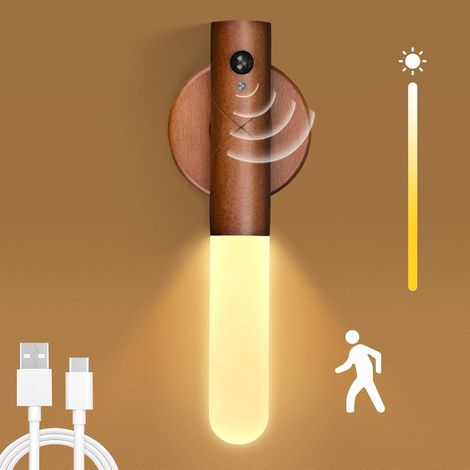 Kabellose Wandlampe mit Bewegungsmelder, 6000 K magnetische Holz-Wandleuchte, einstellbare Farbtemperatur/Helligkeit, wiederaufladbare LED-Lampe für Schlafzimmer/Treppe/Wohnzimmer-Braun (1/5)