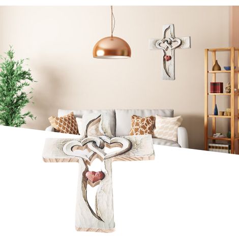 Faisceau Bois Sculpté Pendentifs Heart Pattern Standard Sans Marque Croix Bois Sculpté Croix Bois Sculpté Avec Deux Coeurs Entrelacés Sculptures Bois Cross Cœur Entrelacés Modèle 9.1x6.7in Log Bois Na (1/5)