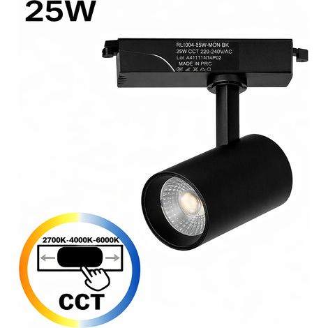 Spot LED pour Rail Monophasé 25W CCT 2700K-4000K-6000K Orientable Noir (1/5)