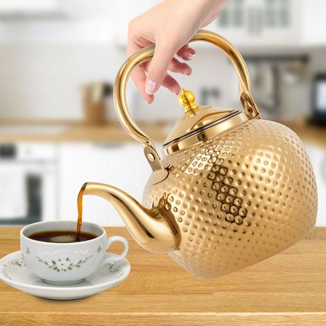 Retro Edelstahl Teekessel mit Siebaufsatz Hitzebeständig Herausnehmbaren Edelstahl Filter Sieb Gold Teekocher Teapot für Induktionsherd Alle Herdarten 2L