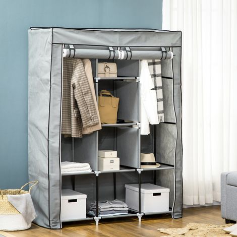 Armoire de rangement en tissu pliable 2 tringles, 8 étagères, grande penderie grise pour chambre, couloir, buanderie et sous-sol, structure acier - CHICFURN (1/5)