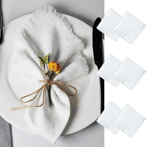 Lot de 6 Serviettes de Table Tissu, Serviette Tissu avec Franges, Lavable et Réutilisable Serviette Gaze de Coton 45cm pour Mariage, Hôtels, Restaurants, Evénements et Fêtes(Blanche)