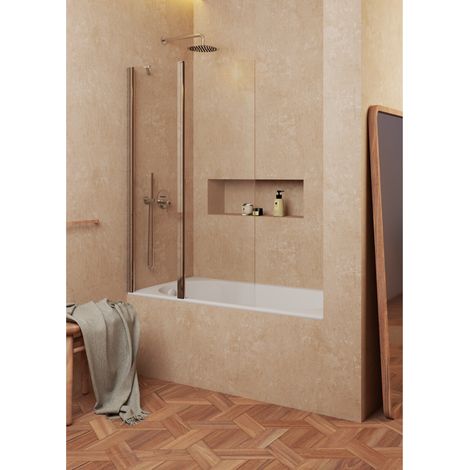 Mampara de bañera frontal hoja fija + abatible 180º- Transparente - Cristal templado 6 mm Antical - Cromo- Ancho 50cm fijo + 75cm abatible– H= 150cm (1/3)