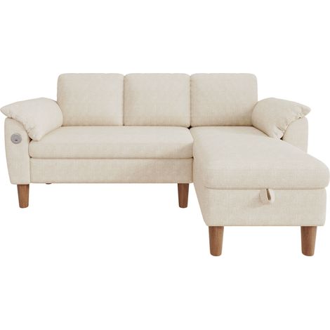 Divano angolare a L con chaise longue reversibile in ciniglia beige HOMVRA (1/5)