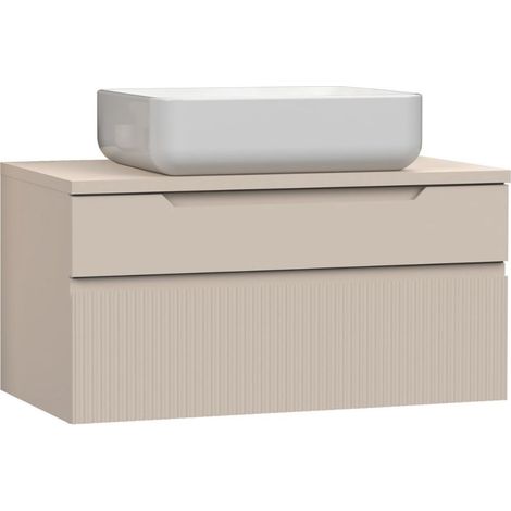 Meuble Vasque 80cm suspendu 2 tiroirs beige façades relief à stries verticales - JANEIRO BEIGE (1/5)