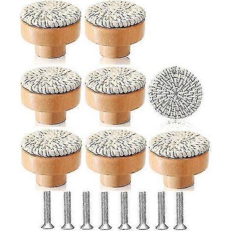 Lot de 8 boutons de commode bohèmes en rotin, boutons de tiroir en bois, boutons en osier tressé à la main (1/5)