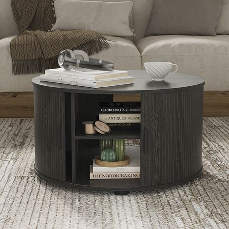 Table basse Selva, Noir, 80x80cm avec porte coulissante, Vicco