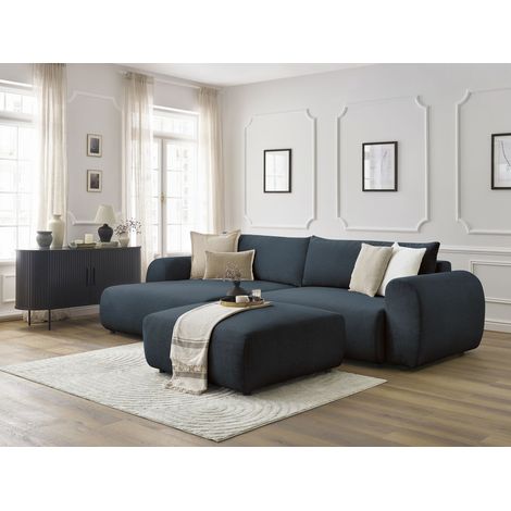 BOBOCHIC - Canapé d'angle convertible coffre LUCIEN tissu lisse avec pouf Angle gauche  Bleu foncé (1/5)