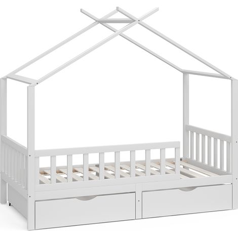 Lit cabane Franka, Blanc, 80x160 cm avec 2 tiroirs, Vitalispa