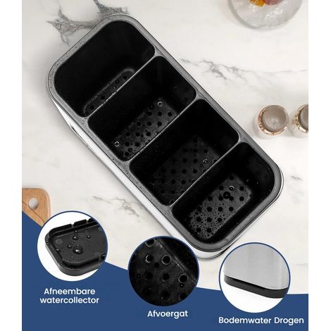 Portaposate - Organizzatore per utensili da cucina - Portaposate in acciaio inox - Organizzatore per cassetti da cucina - Con vassoio di scolo rimovibile - Antiscivolo - Adatto per coltelli, cucchiai  (1/5)