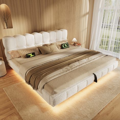 Bett Polsterbett Doppelbett Jugendbett in Schwebeoptik, Bubble Design Wolkenbett, hydraulischer Stauraum, LED, Ladeanschluss (USB & Typ-C), Chenille, Beige, 140x190 cm, ohne Matratze (1/5)