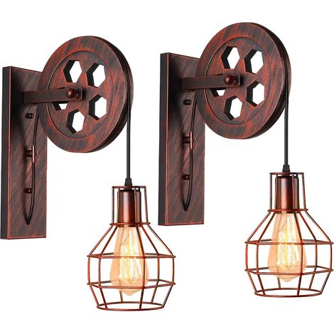 Lot de 2 Applique Murale Industrielle, Métal, Poulie Bois, Rouille Rouge, Intérieur (1/5)