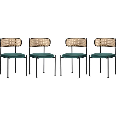 Chaise de salle à manger en velours verte avec dossier en rotin et pieds en métal, lot de 4 (1/5)