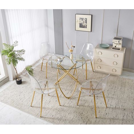Conjunto de comedor de metal y terciopelo dorado con 1 mesa y 4 sillas, patas chapadas en oro y respaldo alto (1/5)