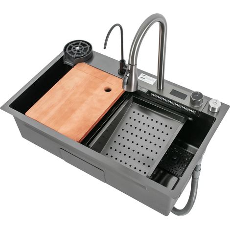 Edelstahl-Küchenspüle, Wasserfallspüle mit Digitalanzeige, multifunktionale Arbeitsspüle, Wasserfallauslauf, Flying Rain Küchenspüle mit ausziehbarer Armatur, 75 x 46 cm
