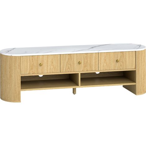 Meuble TV 140 cm, support télé 65 pouces marbre blanc, commode 3 tiroirs cannelés bois clair (1/5)