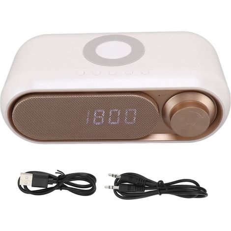 Radio-réveil avec chargeur sans fil, haut-parleur Bluetooth, affichage LED, radio FM, haut-parleur Bluetooth avec chargeur sans fil, blanc doré, 10 W (1/5)