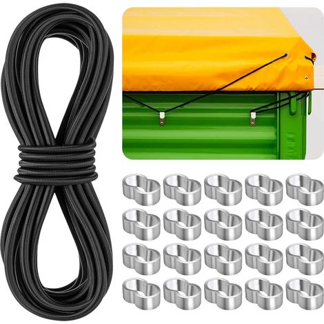 Tendeur Elastique Bache Remorque,Corde Elastique pour Bache,Tendeurs de Fixation Sandow 6mm x 10 m Noir avec 20 M6 Manchons Aluminium,Fil Élastique Rond Extensible pour Camping Tente,Vélo (1/5)