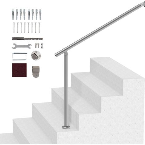 Garde-corps extérieur pour escalier, 100 cm, kit mural et sol, rampe d'appui pour personnes âgées, terrasse et porche, argenté. (1/5)