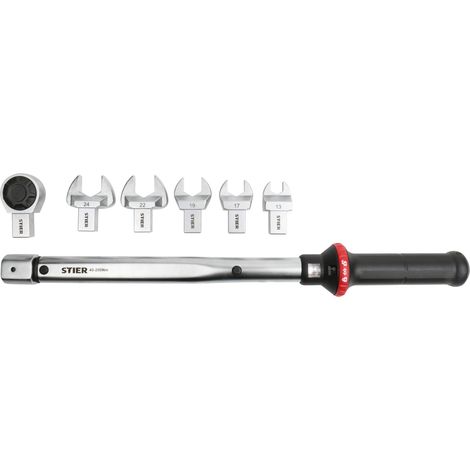 STIER Drehmomentschlüssel Multi+ mit Aufsteckwerkzeug, 7-teilig, 40 - 200 Nm, vierkant, multifunktional nutzbar, mit Lupenfunktion und Auslösesignal, Auslösegenauigkeit mit ±3% Toleranz (1/5)